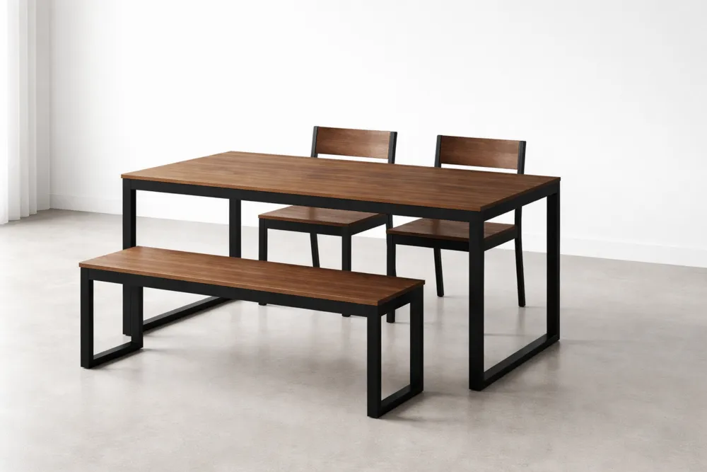 Ensemble de salle à manger en MDF et aluminium noir avec banc