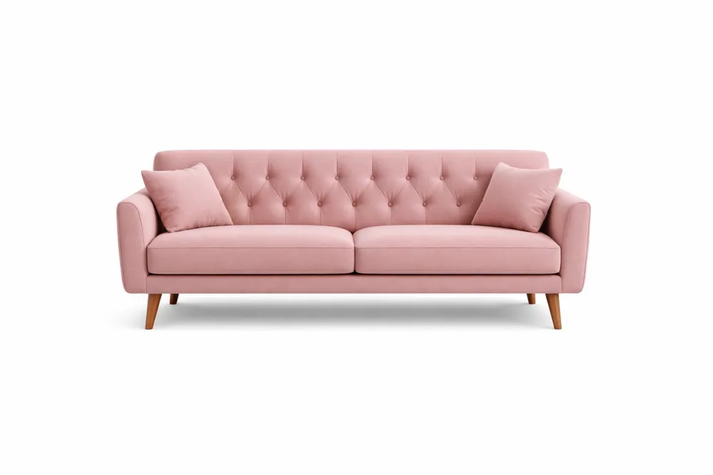 Canapé 2 places en tissu rose avec pieds en bois massif