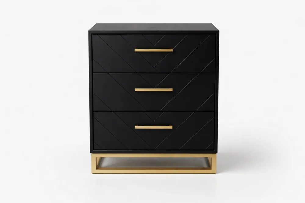 Commode en MDF Noir avec Poignées Aluminium Dorées 3 Tiroirs