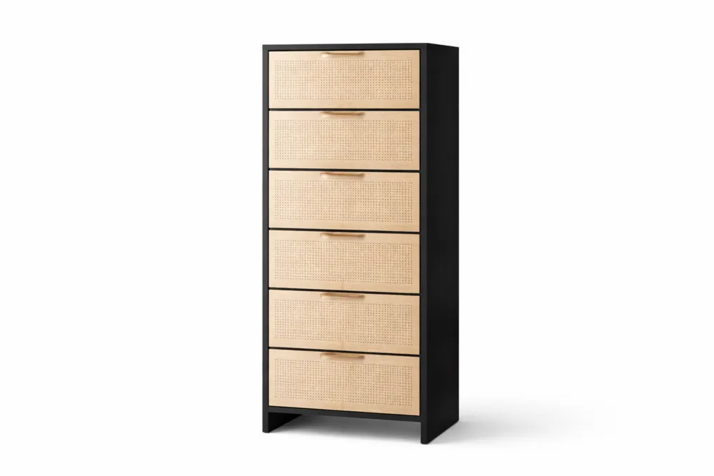 Commode 6 tiroirs en bois massif et rotin