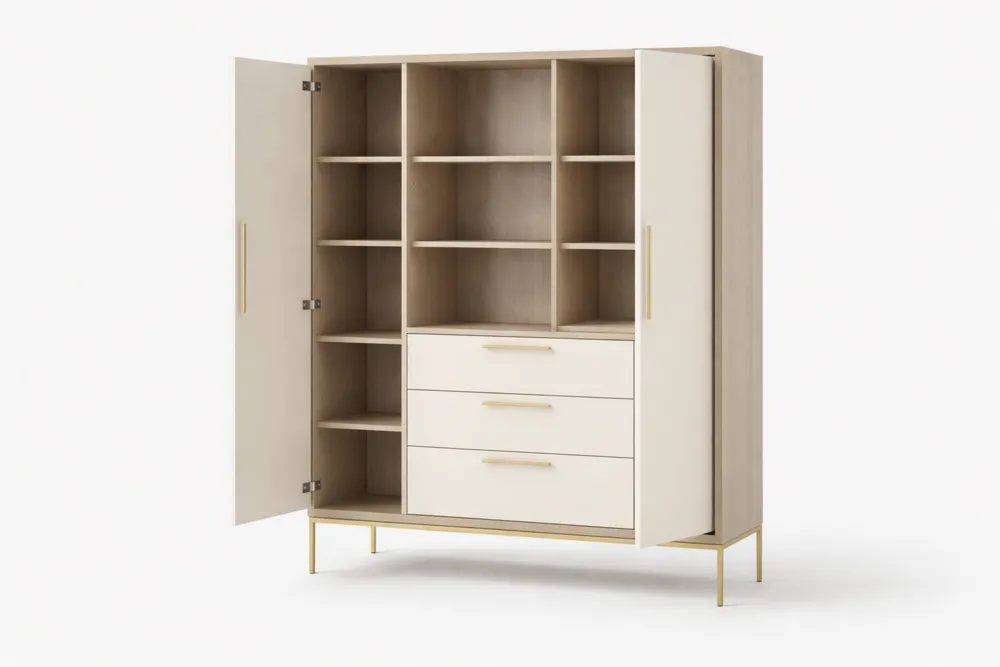 Armoire en bois massif à deux portes avec étagères et tiroirs beige