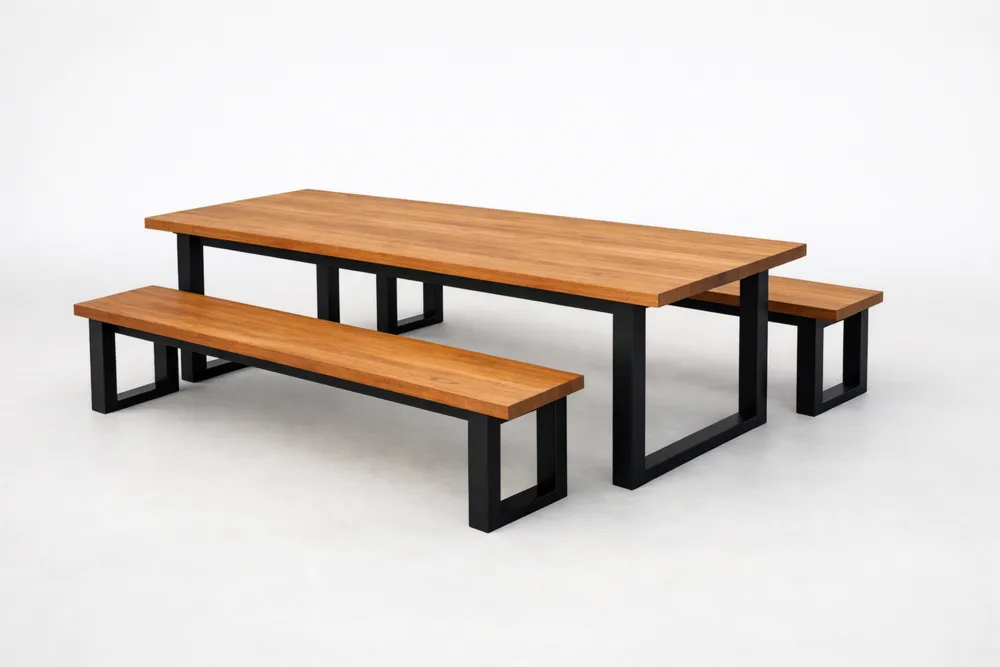 Table en bois d'acacia et aluminium noir avec bancs