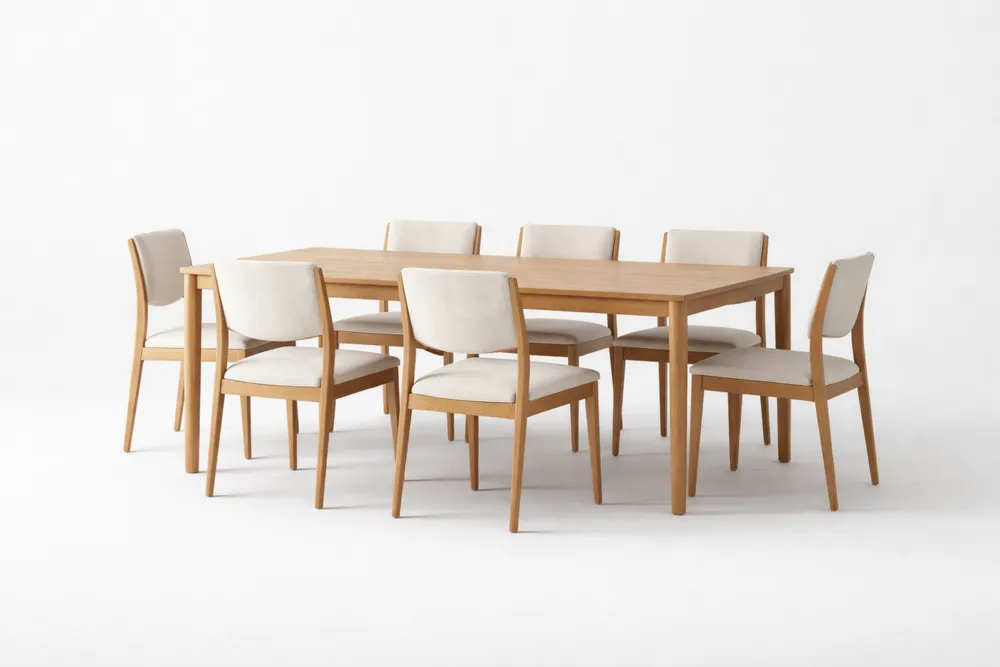 Table en bois massif avec 7 chaises en tissu beige