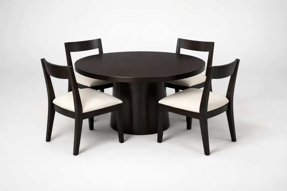 Table ronde en bois massif avec 4 chaises brun foncé et assise en tissu