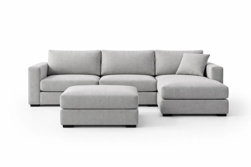 Canapé d'angle en tissu gris avec ottoman