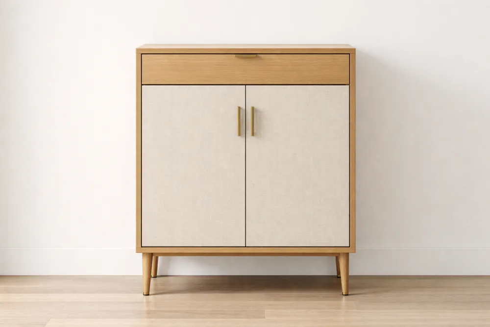 Buffet en bois de chêne avec portes en tissu polyester beige