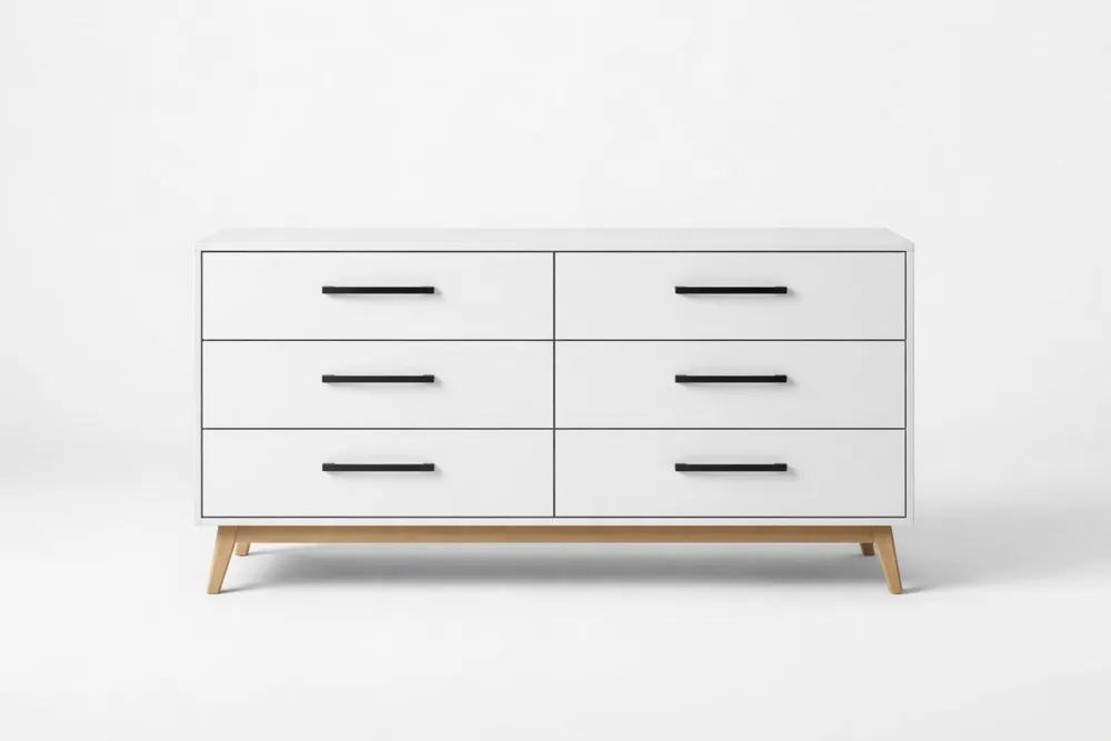 Commode à 6 tiroirs en MDF blanc et pieds en hêtre