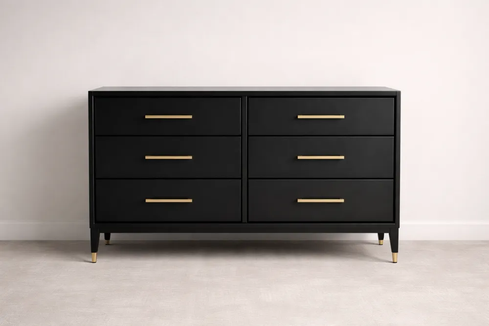 Commode en Bois massif Noir avec Poignées Acier Dorées