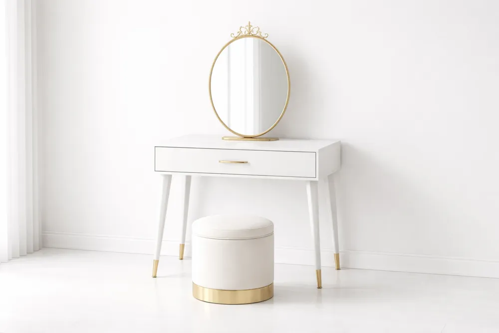 Coiffeuse en MDF Blanc avec Miroir Ovale et Tabouret Doré