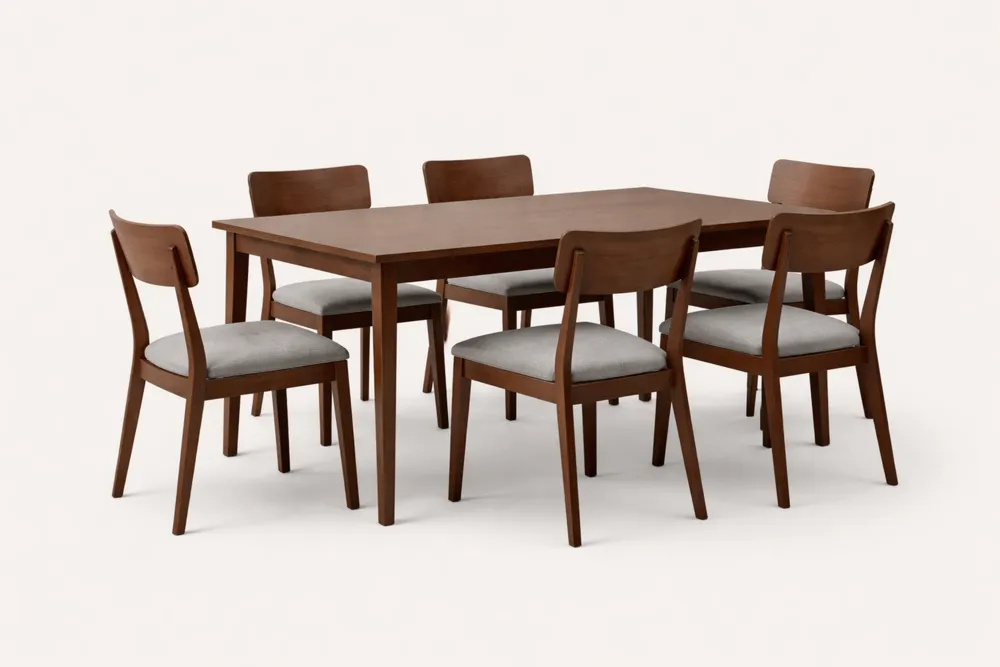 Ensemble de salle à manger en bois massif avec table rectangulaire et 6 chaises rembourrées