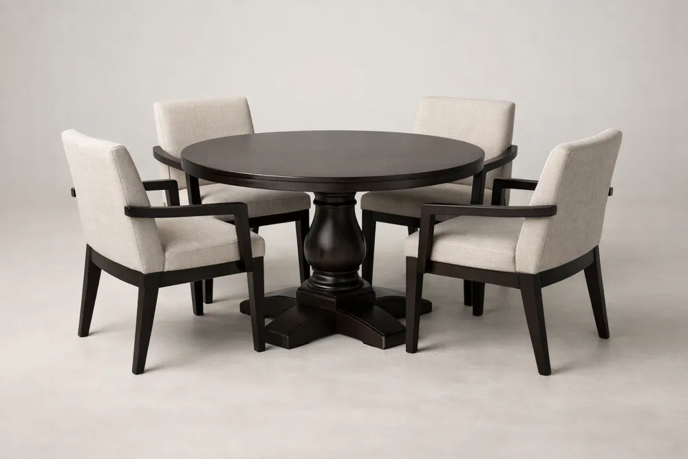 Table ronde en bois massif avec fauteuils en tissu