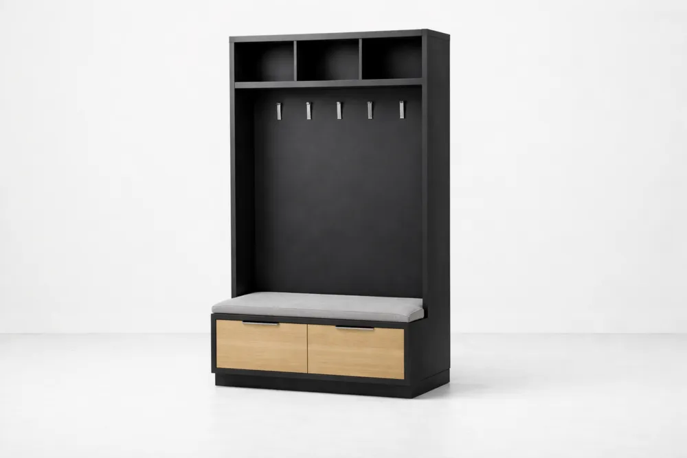 Porte-manteau aluminium avec banc et étagères