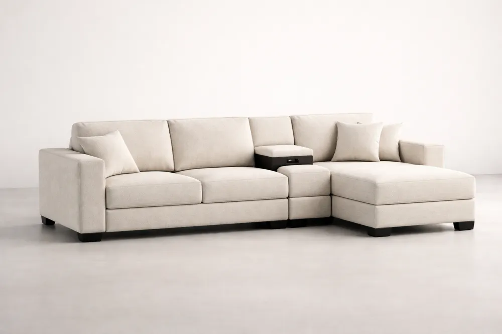 Canapé d'angle en textile beige avec méridienne et rangement