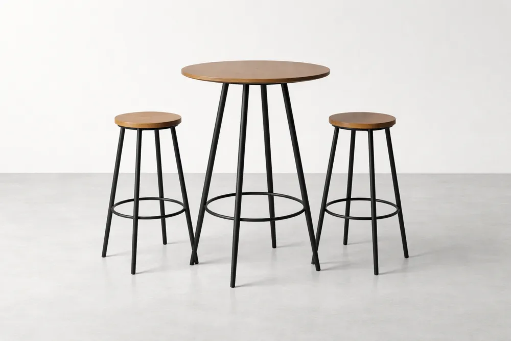 Table de bar en bois massif et acier avec 2 tabourets