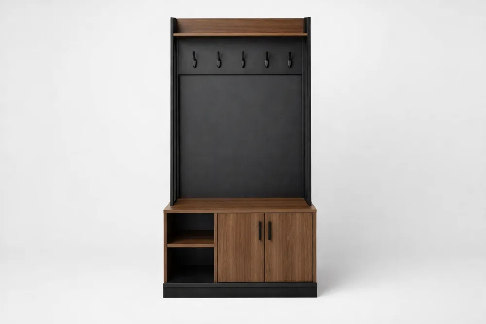 Portemanteau d'entrée en bois massif et aluminium Chêne/Noir 180x90x40cm