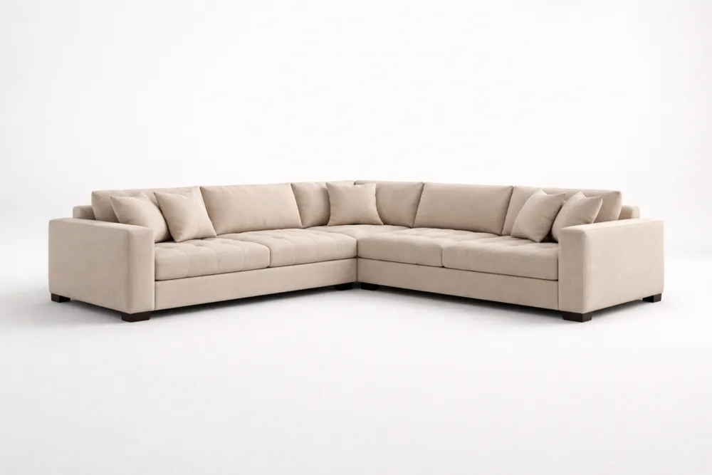 Canapé d'angle en bois massif et tissu beige