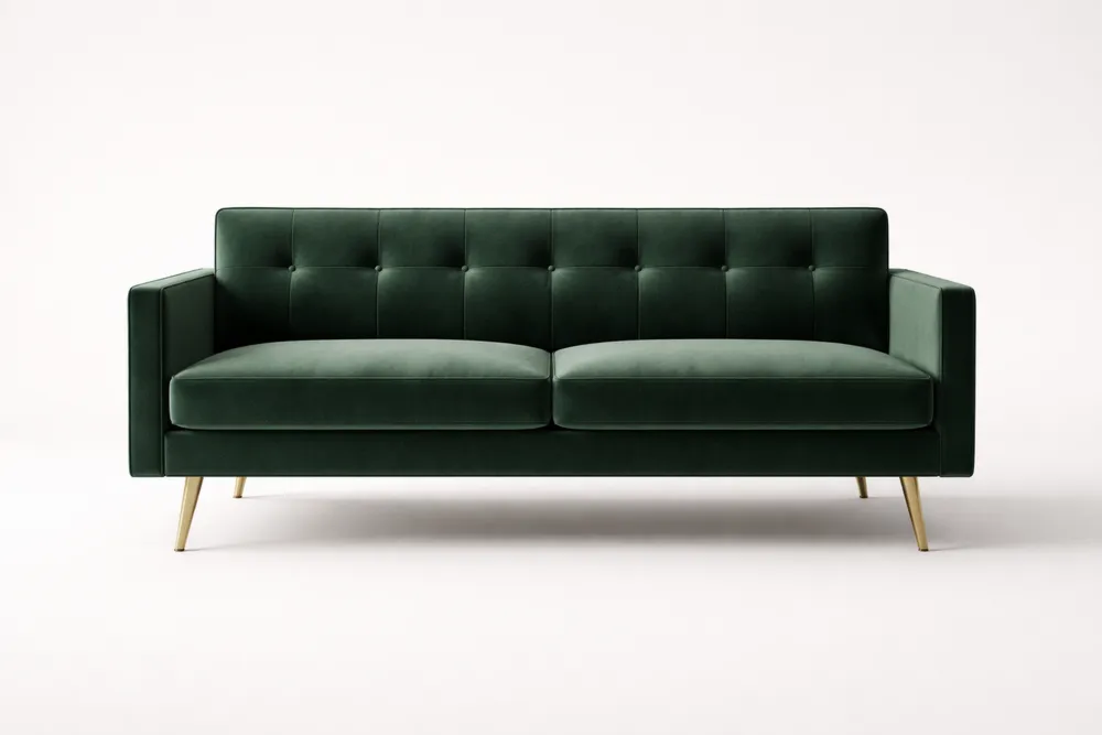 Canapé 2 places en velours vert avec pieds en Acier inoxydable doré