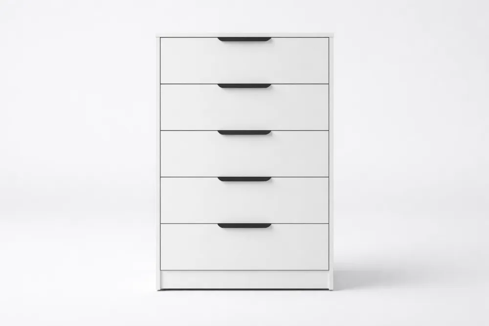 Commode 5 tiroirs en panneaux de particules mélaminés Blanc et Noir