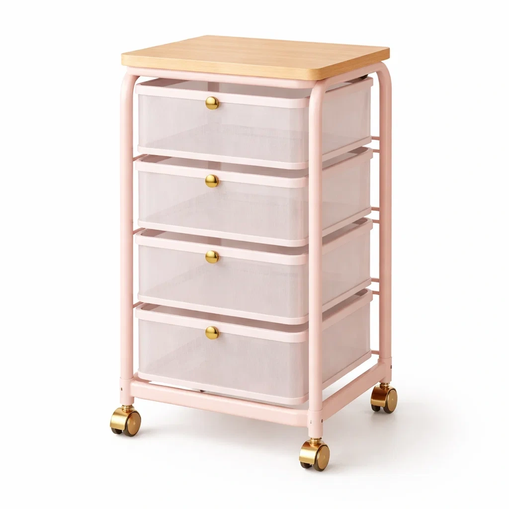 Carro auxiliar con cuatro cajones y ruedas color rosa-UrbanOakStudio
