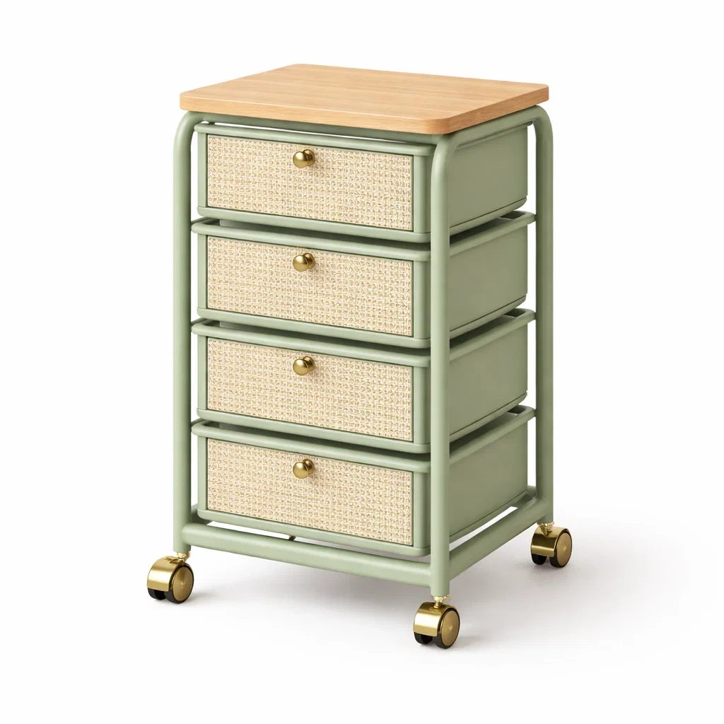 Carro auxiliar con cuatro cajones de raton color verde-UrbanOakStudio