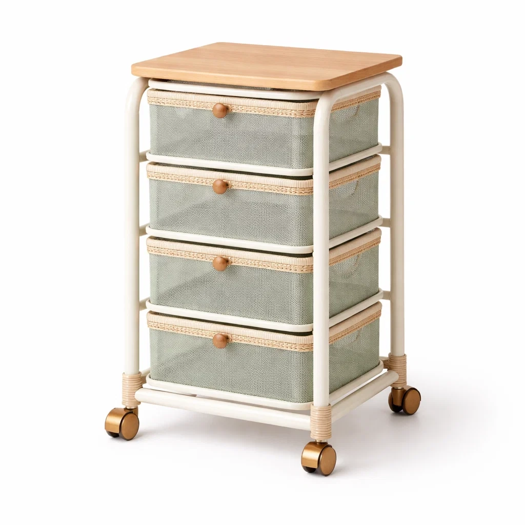 Carro auxiliar con cuatro cajones textiles color verde-UrbanOakStudio