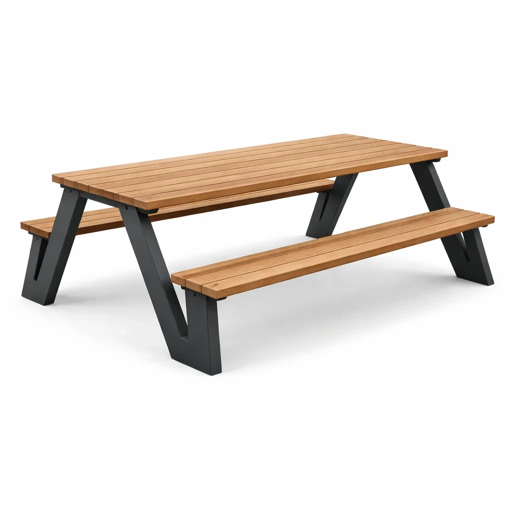 Mesa picnic jardin madera y acero estructura en V-UrbanOakStudio