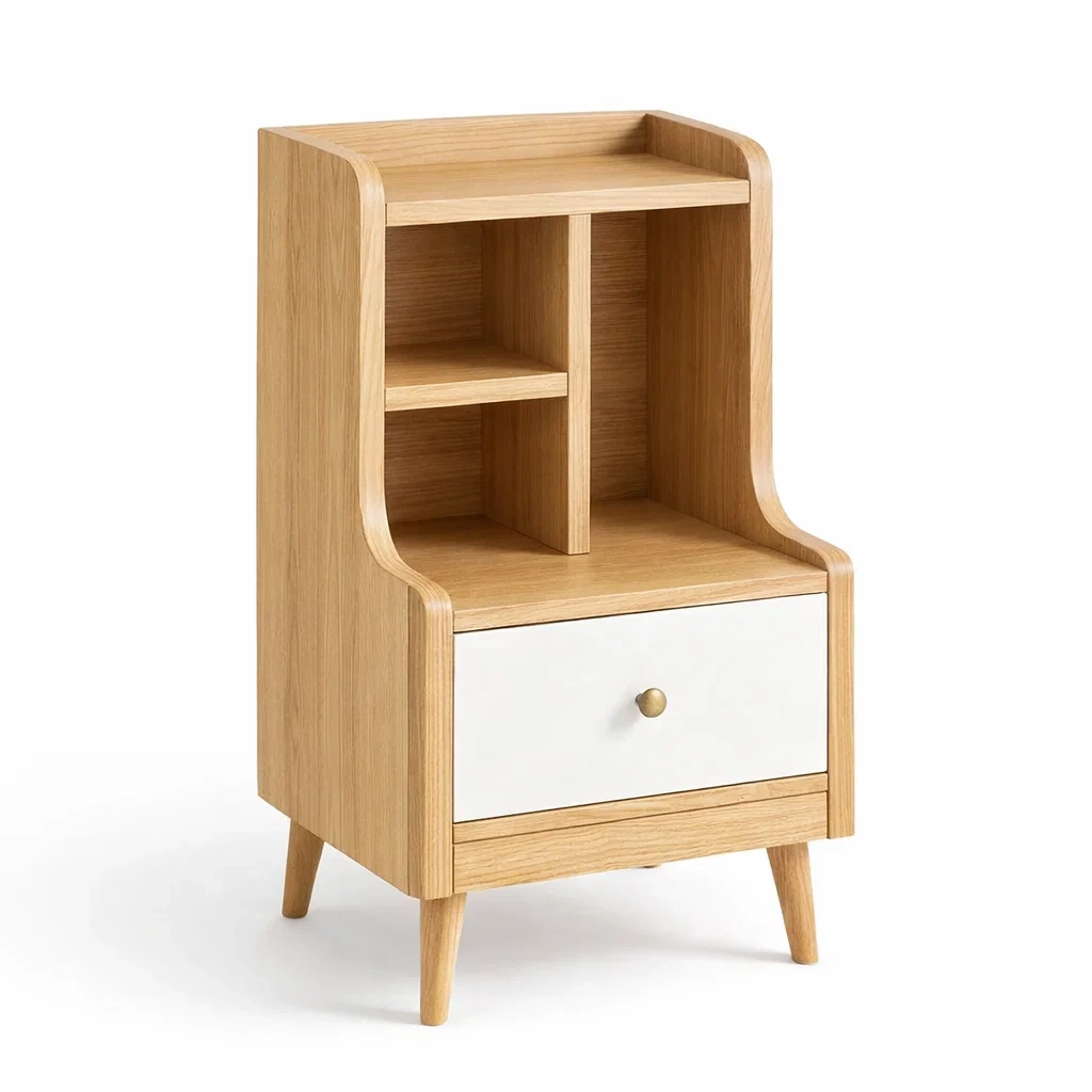 Mesita auxiliar de madera con cajon y estantes abiertos color madera-UrbanOakStudio