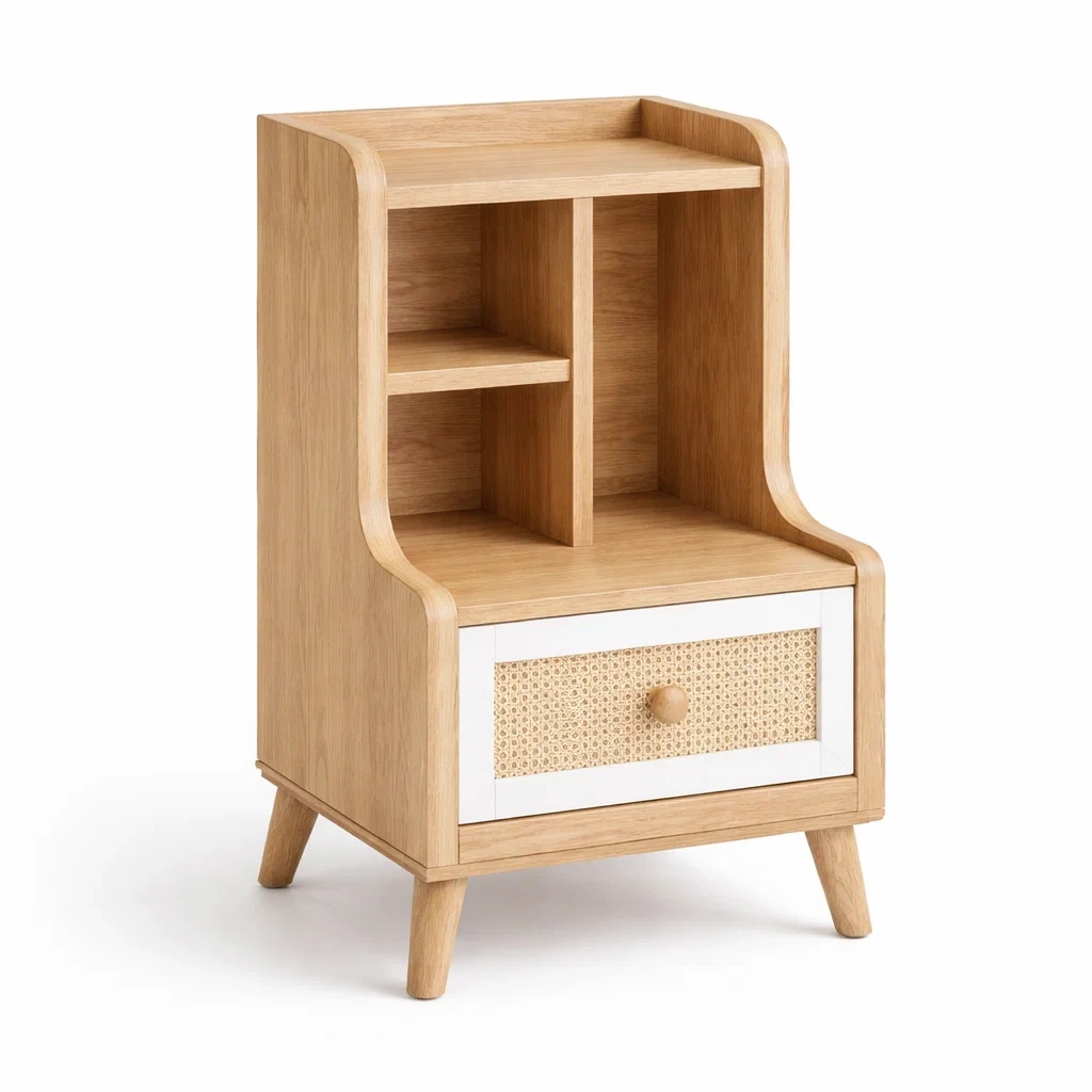 Mesita auxiliar de madera con cajon de raton y estantes abiertos color madera-UrbanOakStudio