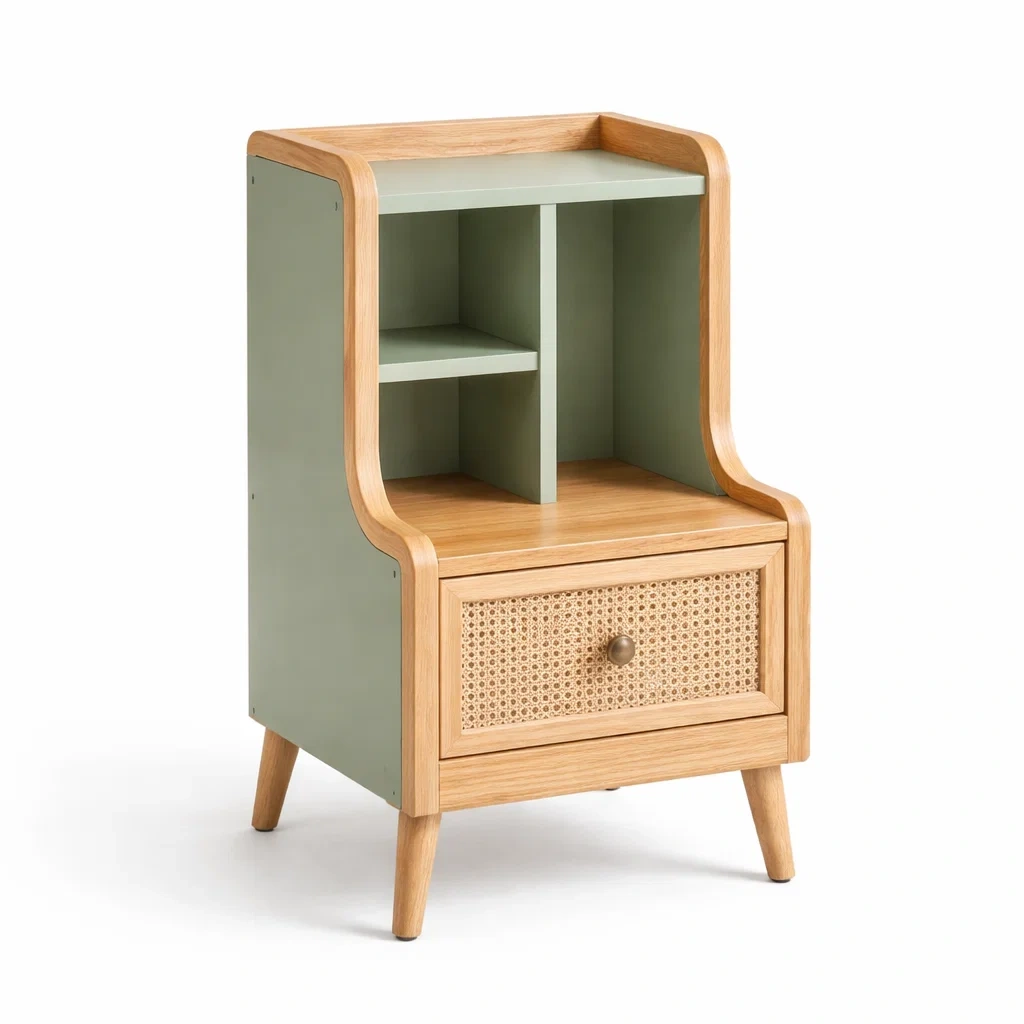 Mesita auxiliar de madera con cajon de raton y estructura verde color verde-UrbanOakStudio