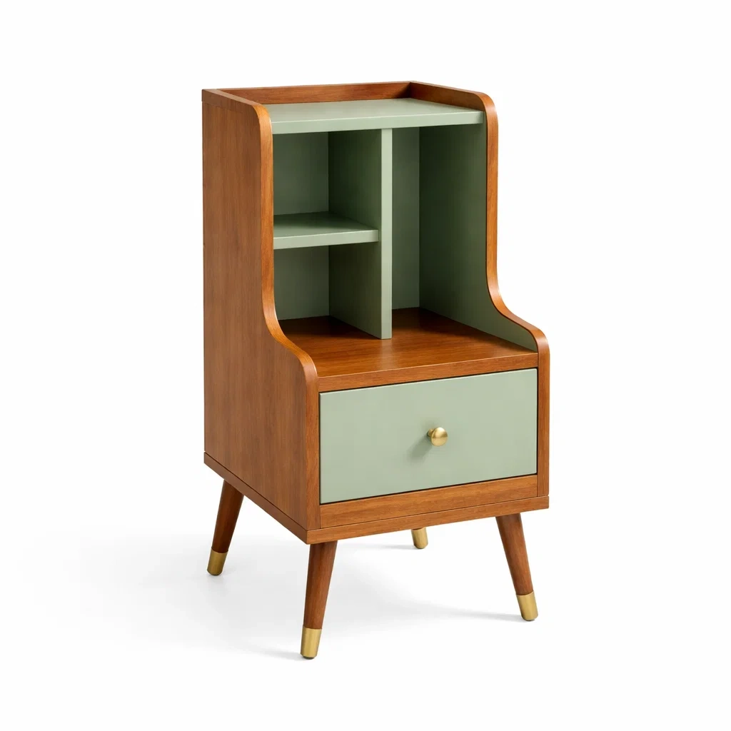 Mesita auxiliar de madera con cajon y estantes abiertos color verde-UrbanOakStudio