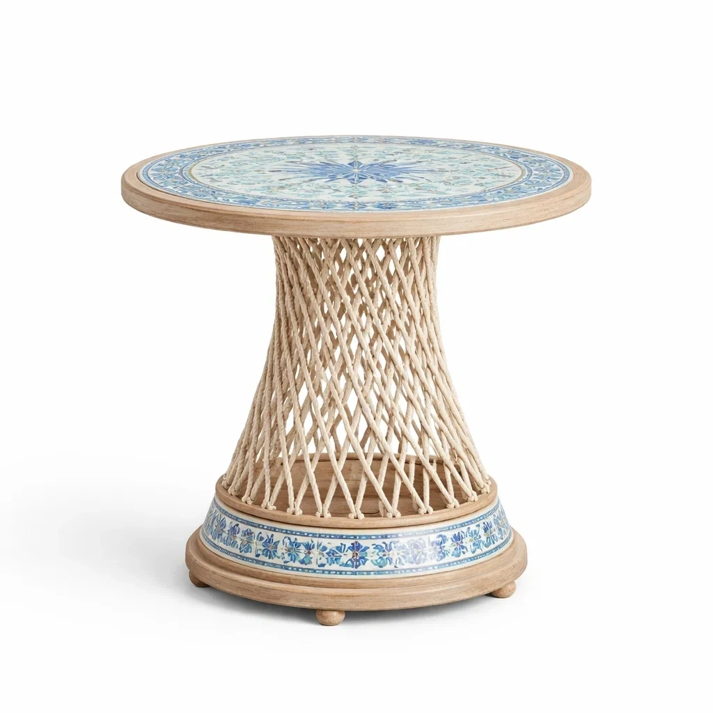 Mesa auxiliar redonda de ratten claro con mosaico azul-Mirexen