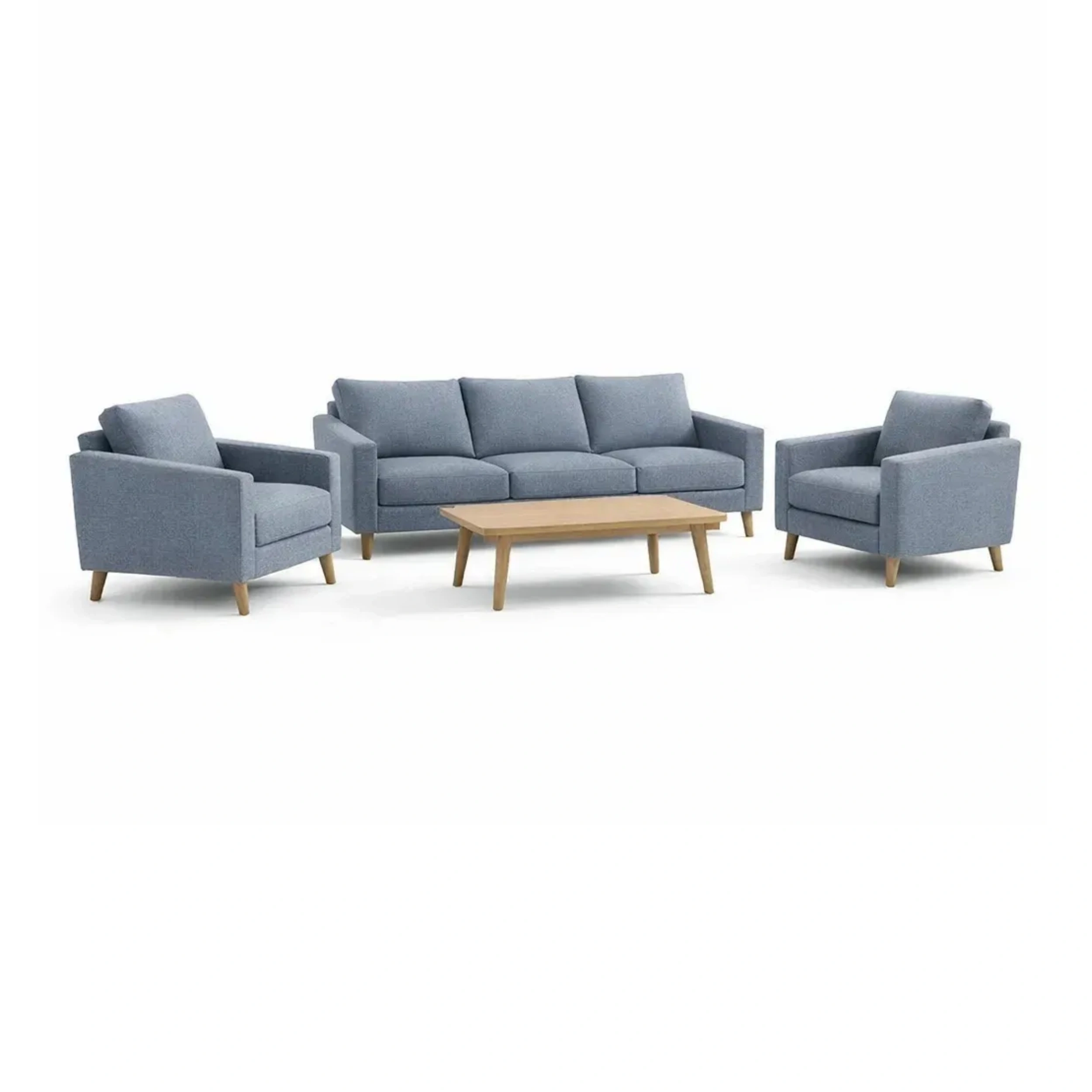 Ensemble de canapés avec canapé trois places et fauteuils en tissu bleu et pieds en chêne-COZYGLOWZZ