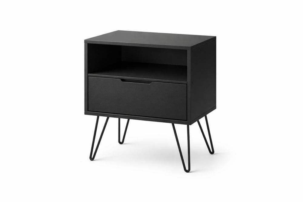 Table de Chevet Noire avec Tiroir et Espace Ouvert en Bois MDF et Acier 60cm-Ardenlora