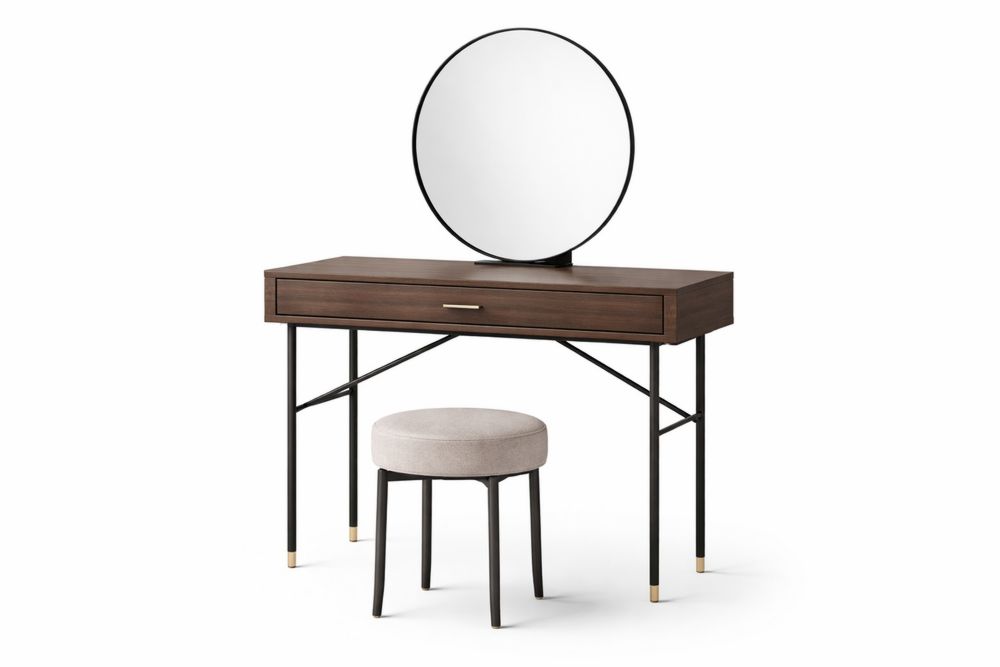 Coiffeuse avec tabouret et miroir en bois massif et acier-Ardenlora