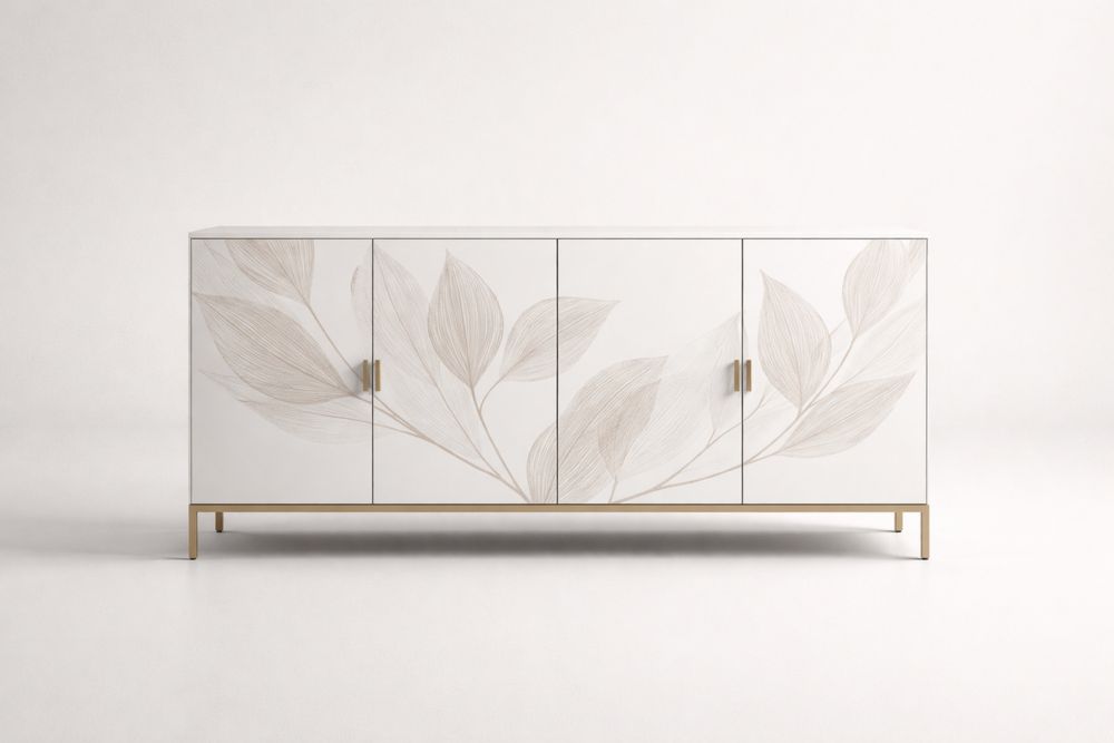 Buffet blanc avec motifs de feuilles en bois MDF et acier Longueur180cmxLargeur45cmxHauteur80cm-Ardenlora