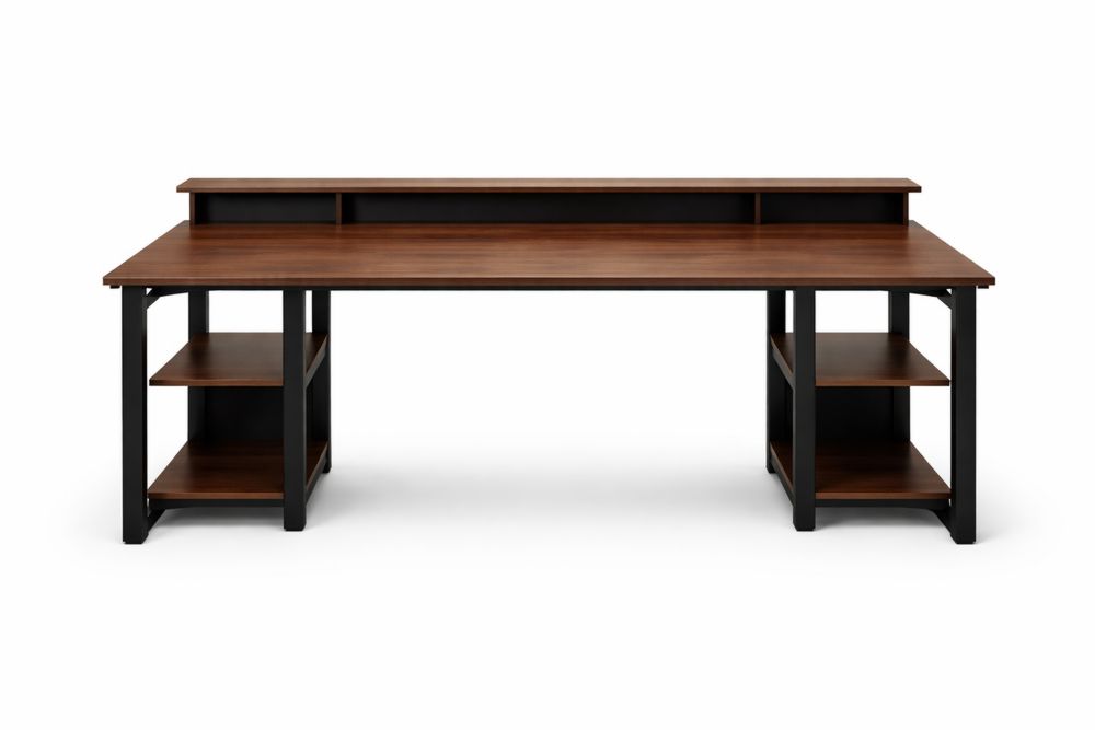 Bureau en panneau de particules plaqué bois et acier avec étagères marron et noir-Ardenlora