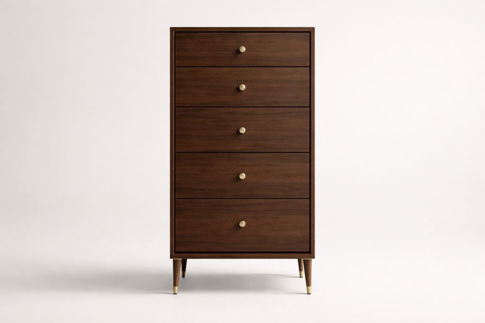 Commode haute 5 tiroirs bois de noyer et acier doré-Ardenlora