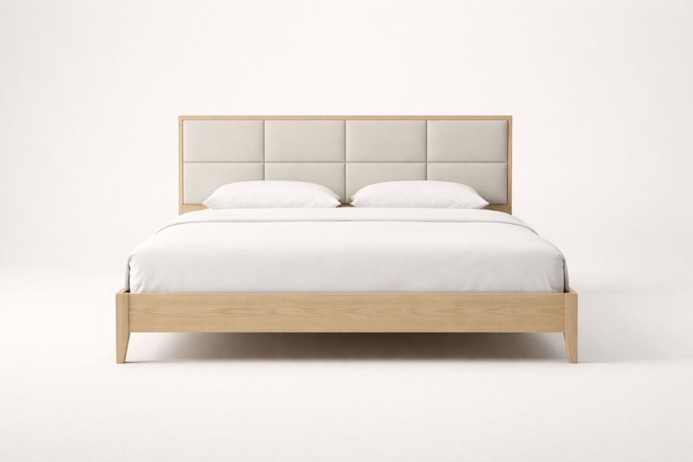 Lit Double en Bois Massif Beige avec Tête de Lit Matelassée-Ardenlora