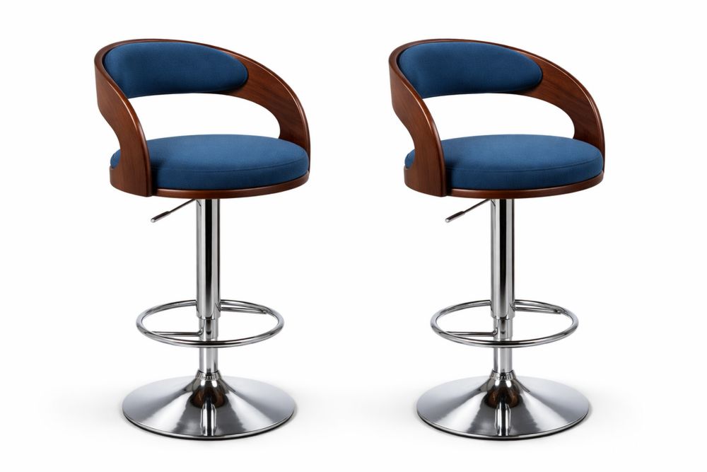 Tabourets de Bar en Bois Massif et Tissu Bleu avec Base en Acier Chromé-Ardenlora