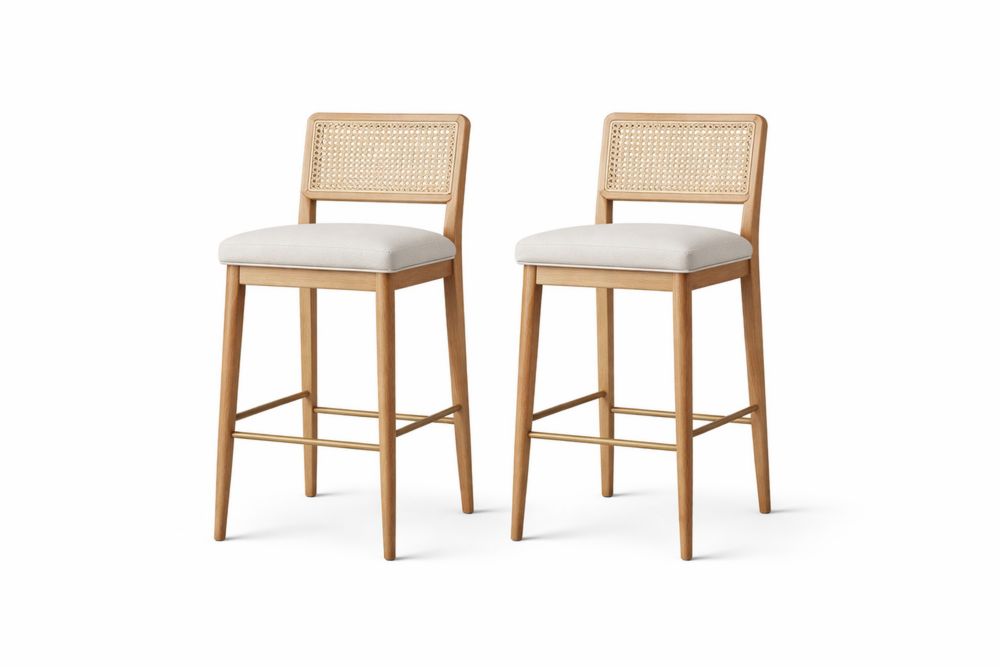 Tabourets de bar en hêtre avec dossier en rotin et assise beige-Ardenlora