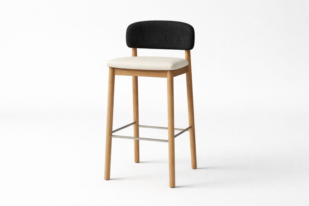 Tabouret en bois  massif avec assise en tissu noir et beige-Ardenlora