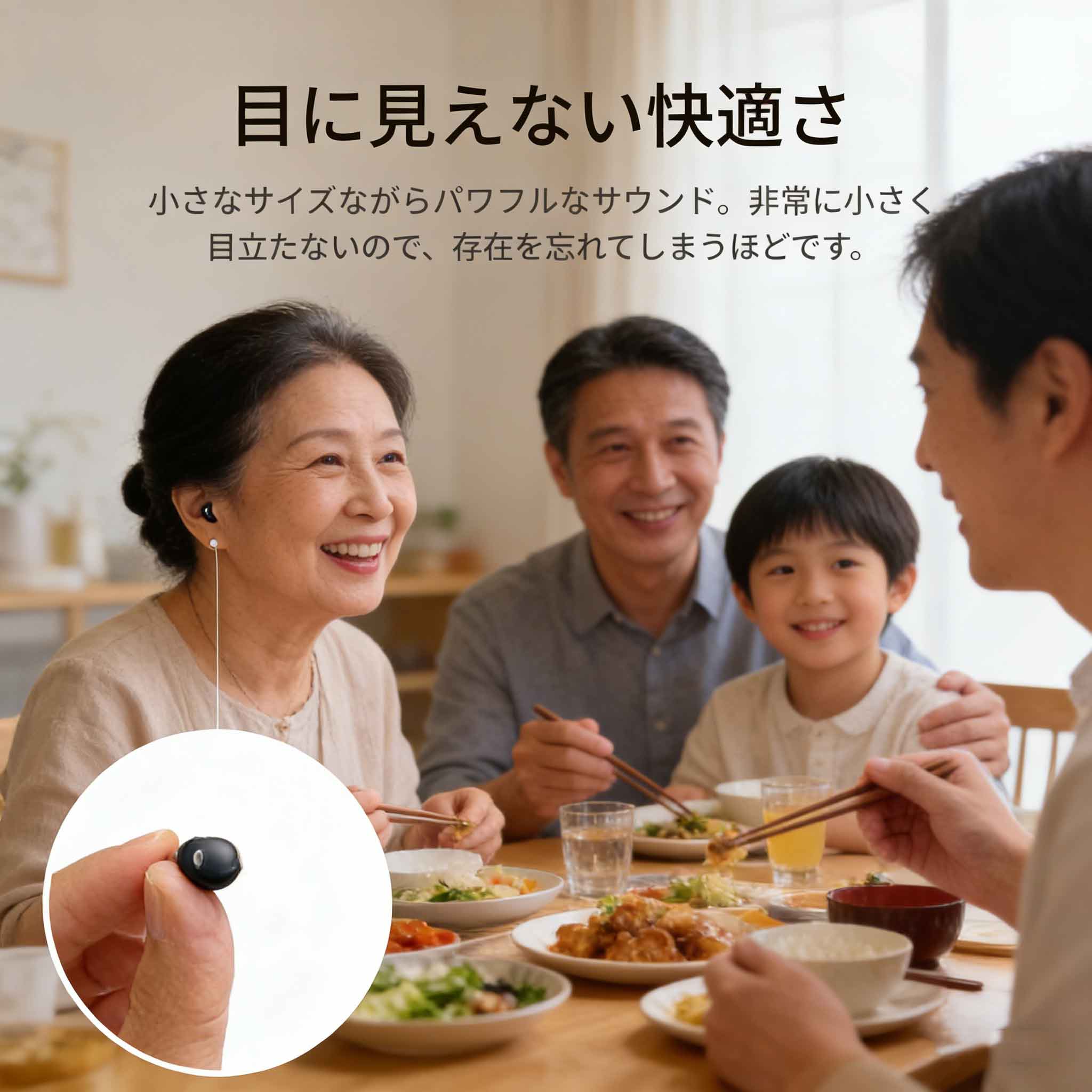 ナノスケール・オーディオアンプ、一体型コントロール、3つの音響モード、コンパクト設計、ハウリングなし。軽度から重度の聴覚ニーズに対応します。