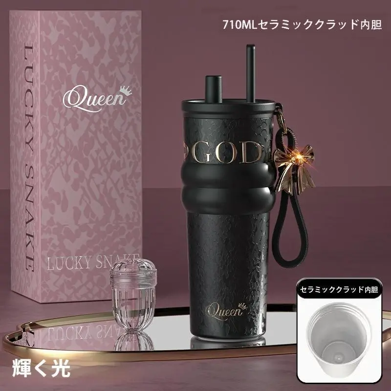 710ml/680ml 炭酸OK！真空断熱タンブラー 陶磁器内胆 保温保冷 ストロー付き 持ち運び便利 大容量 コーヒーカップ 漏れ防止 シリコン底 結露しにくい