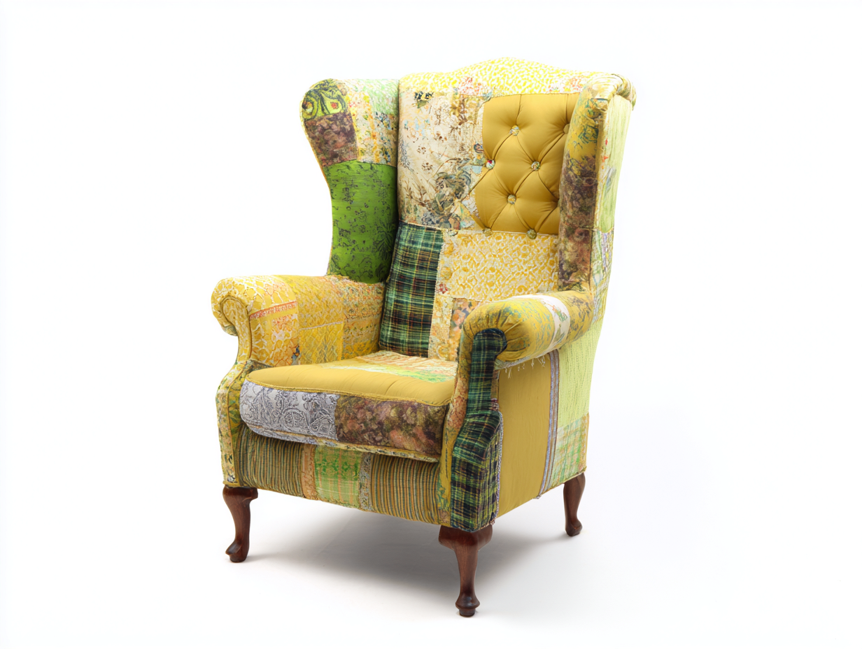 Fauteuil à oreilles en tissu patchwork 85x90x105 cm - jaune-vert - style vintage-Cozyupyard