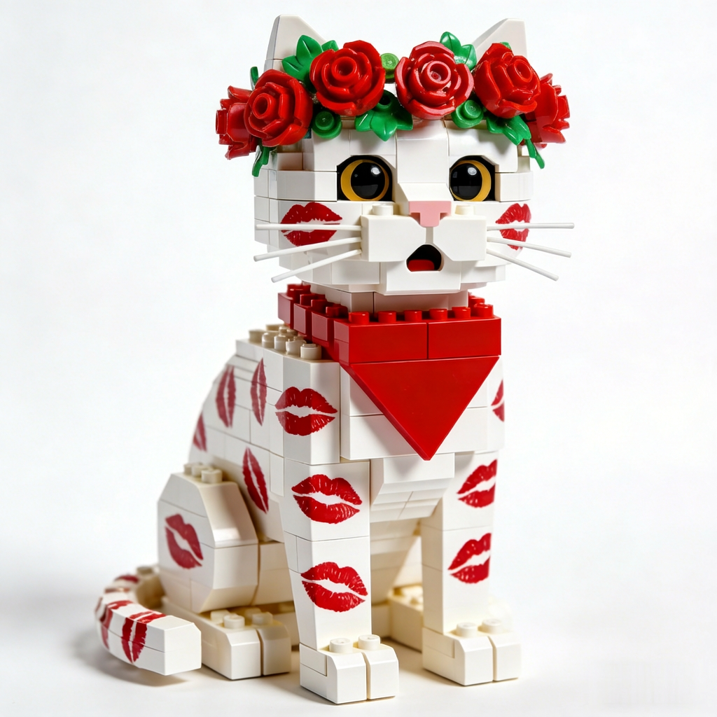 💋 Rose Kiss Cat Brick Figure - A Bold Little Symbol of Love & Playful Romance