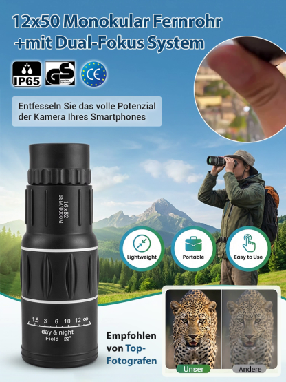 【💯 100x Zoom, Kristallklar! 💯】 HD Monokular 🔭 IPX7 Wasserdicht & Nachtsicht. 👍 Leicht (280g), Fokus in 0,8s.