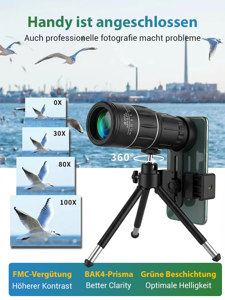 【💯 100x Zoom, Kristallklar! 💯】 HD Monokular 🔭 IPX7 Wasserdicht & Nachtsicht. 👍 Leicht (280g), Fokus in 0,8s.