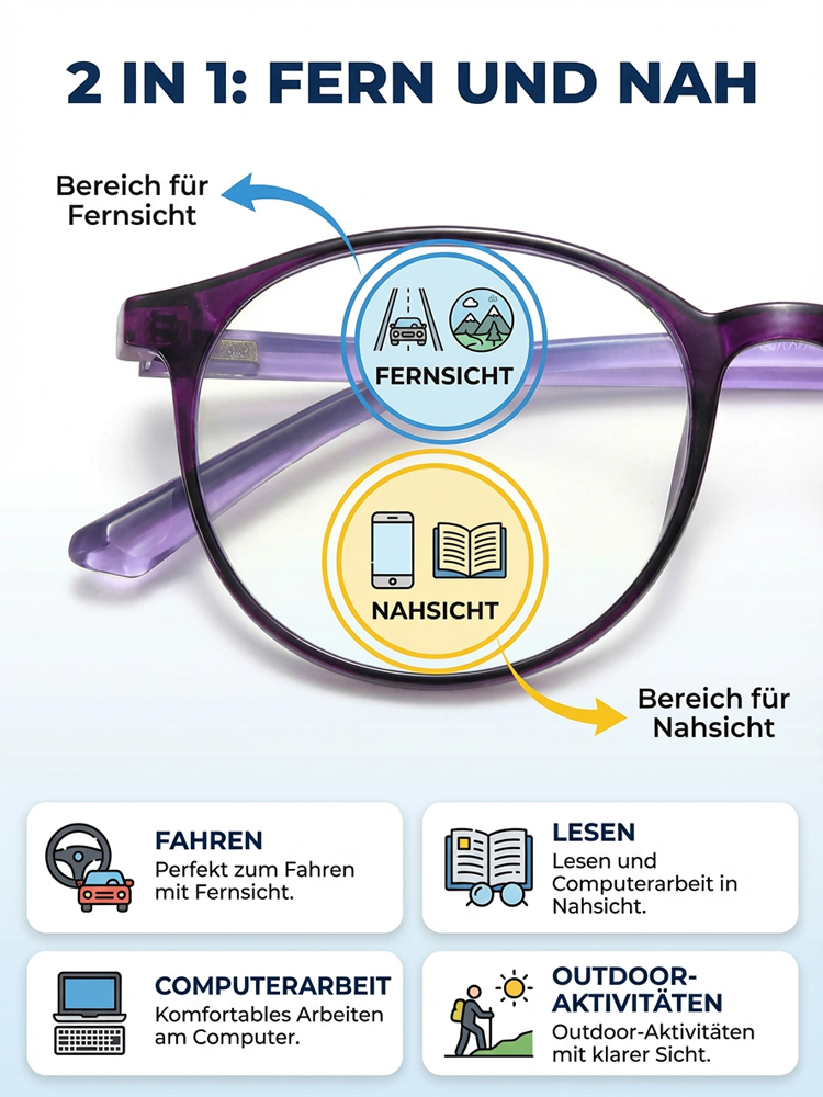 Blaulichtfilter-Brille mit Autofokus für Nah- und Fernsicht.