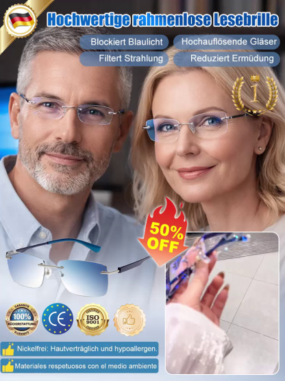 Eine rahmenlose, hochwertige Lesebrille mit diamantgeschliffenen Kanten im klassischen Design, die f