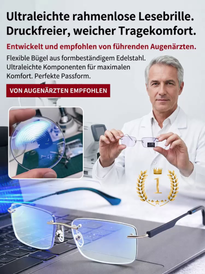 Eine rahmenlose, hochwertige Lesebrille mit diamantgeschliffenen Kanten im klassischen Design, die f